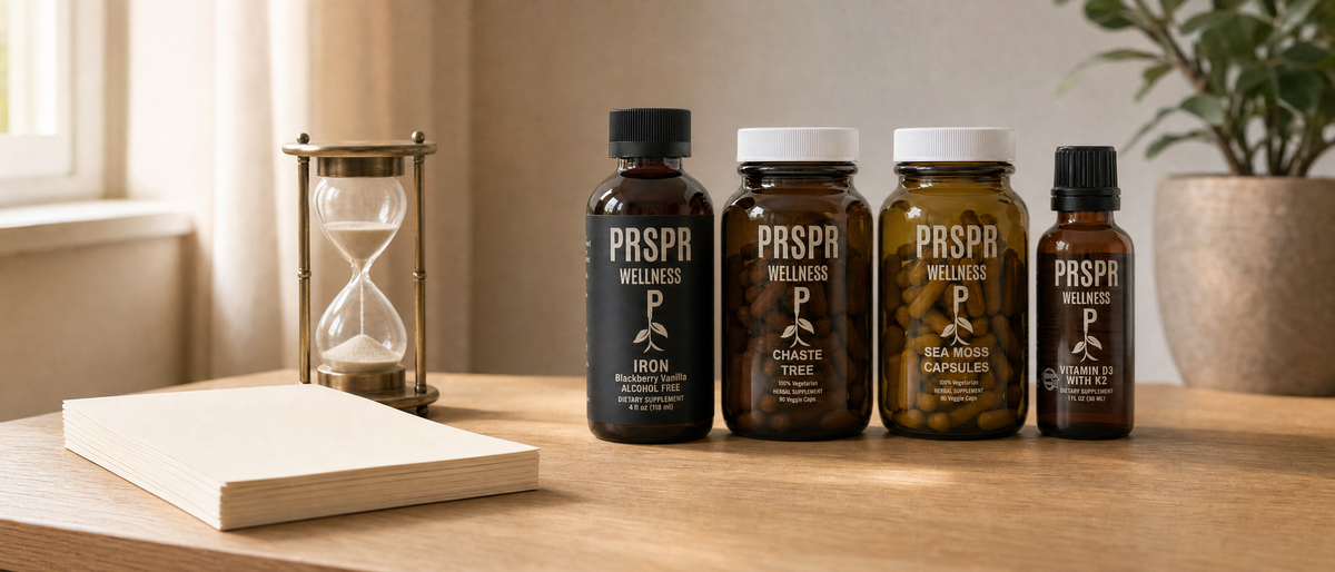 PRSPR Pre & Post Natal Bundle bottles on a wooden desk beside a brass hourglass and a stack of blank paper, for an article on how a due date is calculated