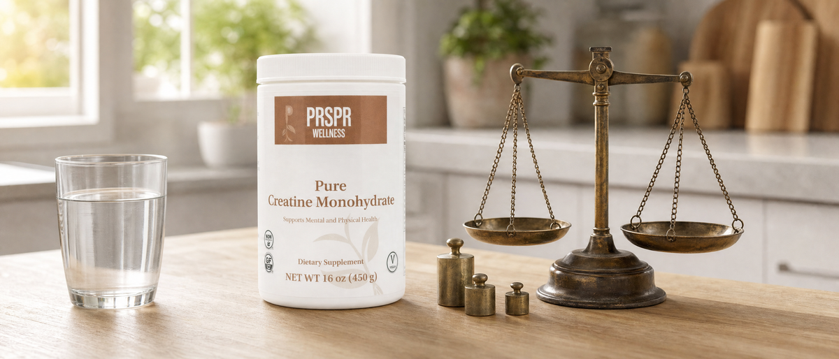 PRSPR Pure Creatine Monohydrate 16 oz tub on a kitchen counter between a glass of water and a brass balance scale with weights, for an article on weight ounces and fluid ounces