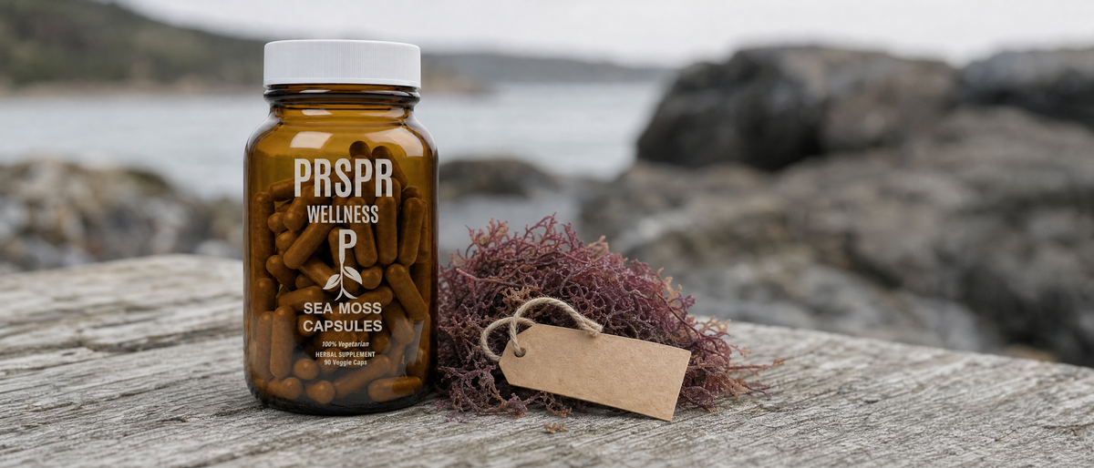PRSPR Sea Moss Capsules bottle on weathered wood beside dried Irish moss and a blank paper tag, for an article on what the USDA organic label terms mean