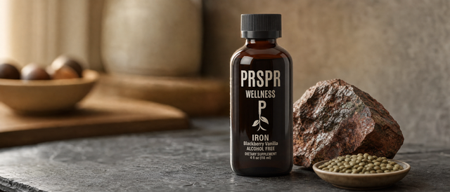 PRSPR Wellness Liquid Iron amber bottle on a slate counter beside a chunk of reddish iron ore and a dish of lentils, for an article on heme vs non heme iron