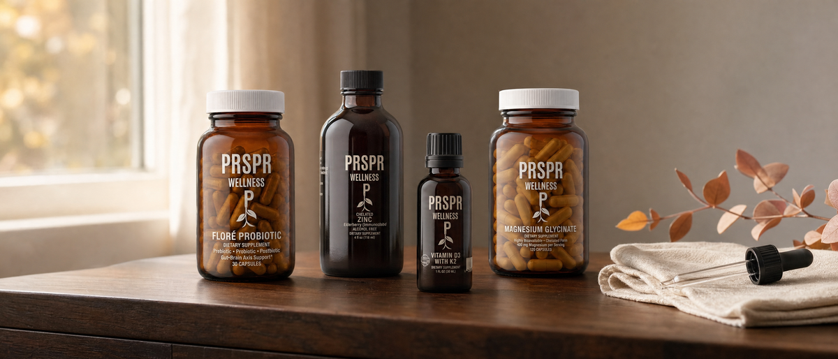 Four PRSPR Wellness supplements from the Seasonal Wellness Stack on a walnut table beside an empty glass dropper and autumn leaves