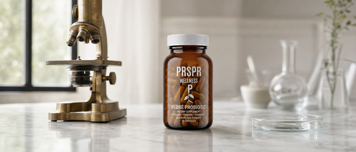 PRSPR Wellness FLORÉ Probiotic jar on a white marble lab bench beside a brass microscope and an empty glass petri dish