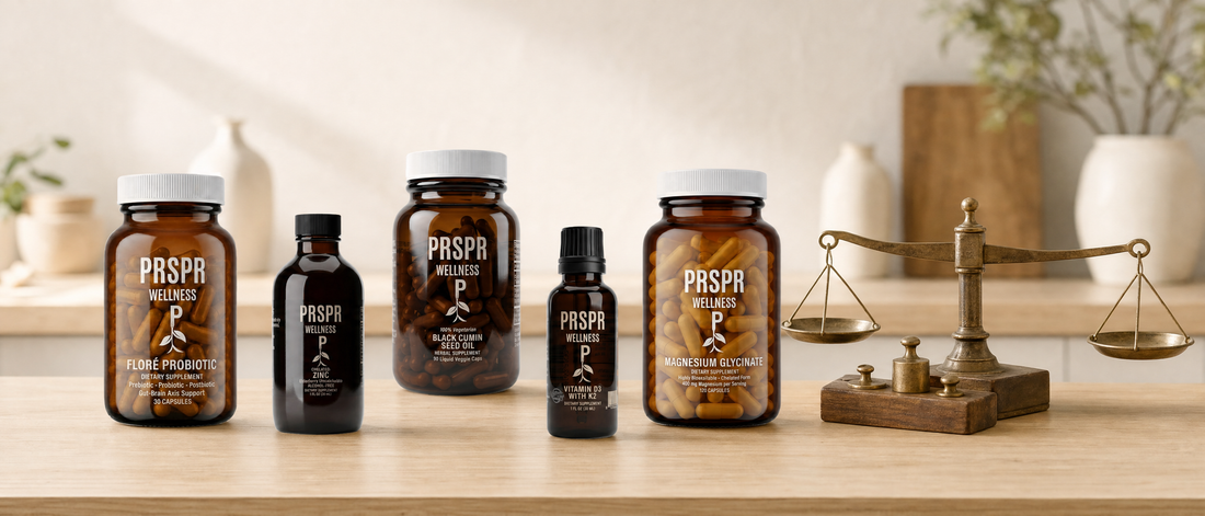 Five PRSPR Wellness supplements from the Women’s Daily Essentials Bundle on an oak counter beside a brass balance scale and small brass weights