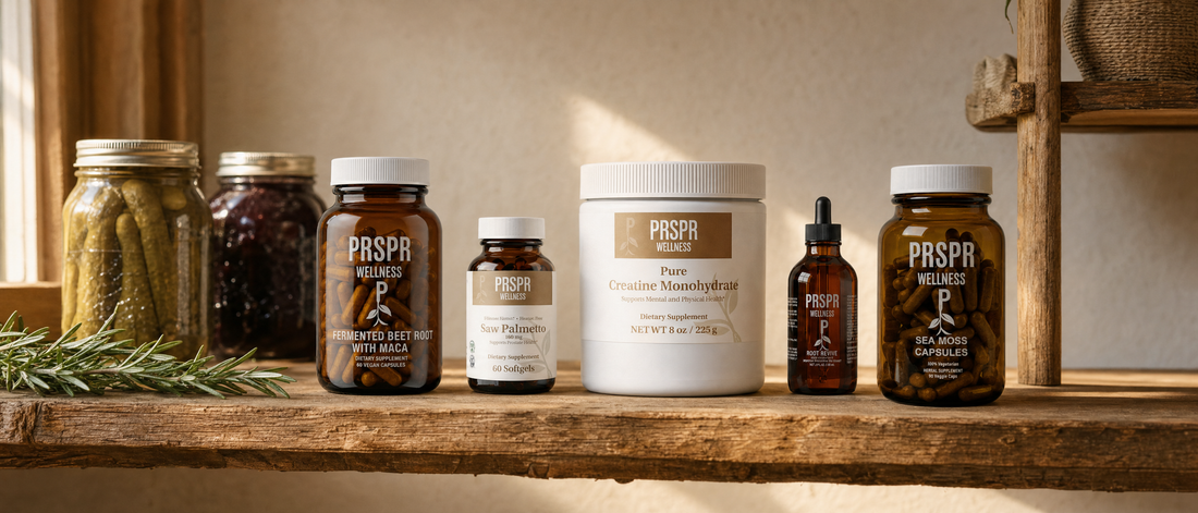 Five PRSPR Wellness products from the Men's Vitality Bundle on a wooden pantry shelf beside jars of pickles and jam and a sprig of rosemary