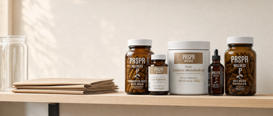 The five PRSPR Wellness containers from the Men's Vitality Bundle on a light oak shelf beside folded brown kraft paper and a clear glass jar
