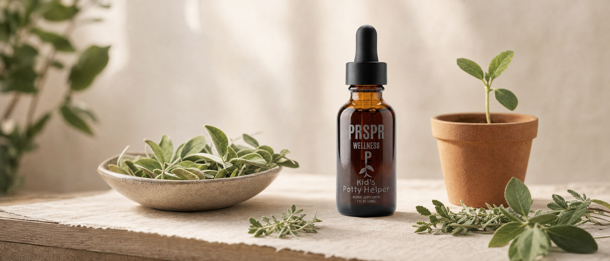 A PRSPR Wellness Kid's Potty Helper amber dropper bottle on a linen-covered table beside a bowl of fresh green leaves, herb sprigs and a seedling in a terracotta pot