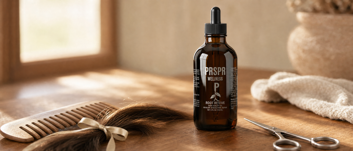 An amber dropper bottle of PRSPR Root Revive on a wooden vanity beside a wide-tooth wooden comb, a lock of brown hair tied with ribbon and small hair-cutting scissors.