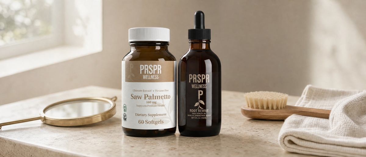 PRSPR Wellness Saw Palmetto softgel jar and Root Revive amber dropper bottle on a travertine vanity beside a brass hand mirror, a wooden brush and a folded linen towel.
