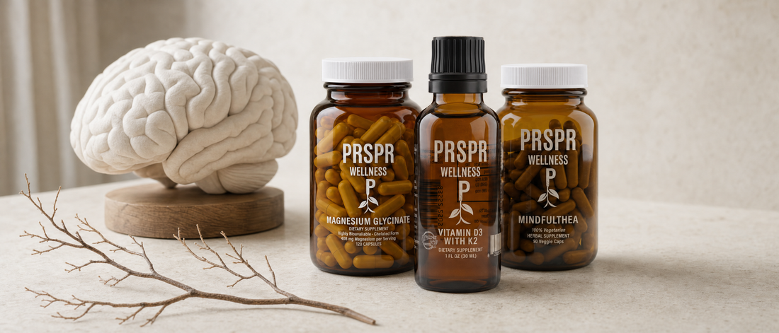 PRSPR Wellness Magnesium Glycinate, Vitamin D3 with K2 and MindfulThea bottles on a limestone desk beside a white plaster anatomical brain model and a branching twig.