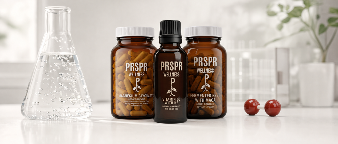 PRSPR Wellness Magnesium Glycinate, Vitamin D3 with K2 and Fermented Beet with Maca bottles on a white lab bench beside a flask of bubbling water and a red two-sphere oxygen molecule model.
