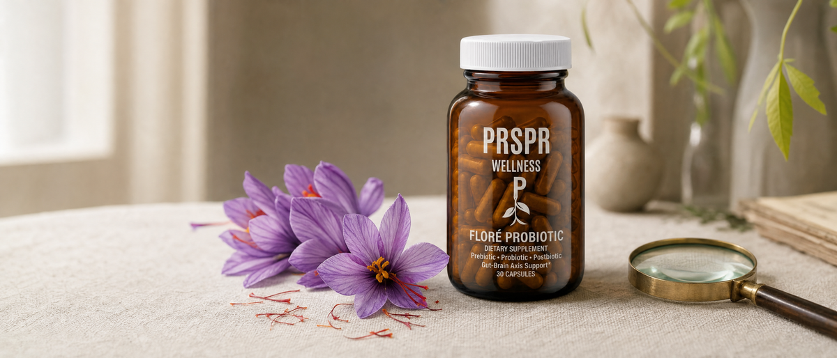 PRSPR Wellness FLORÉ Probiotic jar on a linen table beside purple saffron crocus flowers with red stigma threads and a brass magnifying glass.