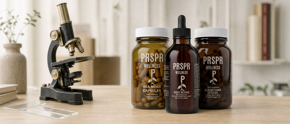 PRSPR Wellness Sea Moss Capsules, Root Revive and Black Cumin Seed Oil bottles on a study desk beside a vintage brass microscope and glass slides.