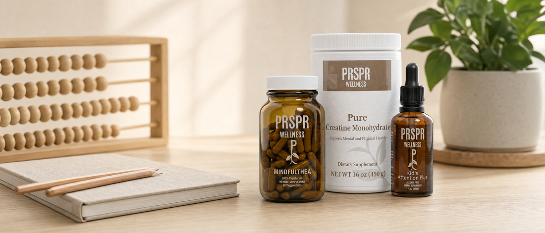 PRSPR Wellness MindfulThea, Pure Creatine Monohydrate and Attention Plus on an oak office desk beside a wooden abacus, a linen notebook and pencils.