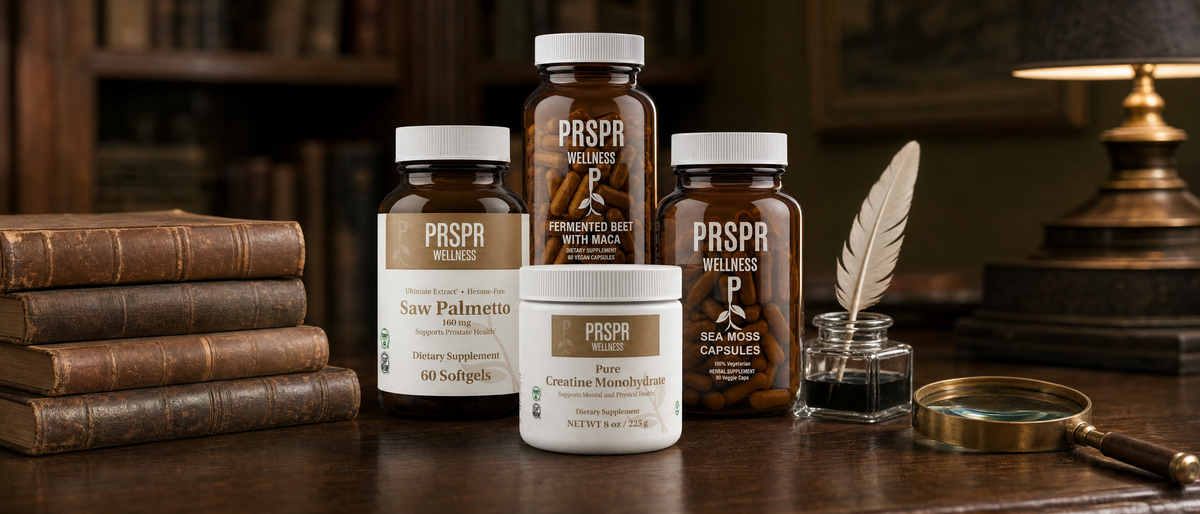 PRSPR Wellness Saw Palmetto, Fermented Beet with Maca, Sea Moss Capsules and Pure Creatine Monohydrate on a walnut library desk beside old leather-bound books, a quill and a magnifying glass.