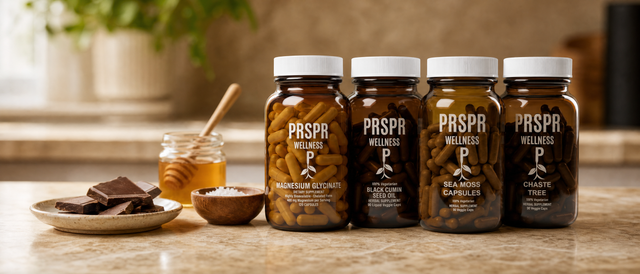 Four PRSPR Wellness bottles on a marble kitchen counter beside a plate of broken dark chocolate, a bowl of flaky sea salt and a small jar of honey