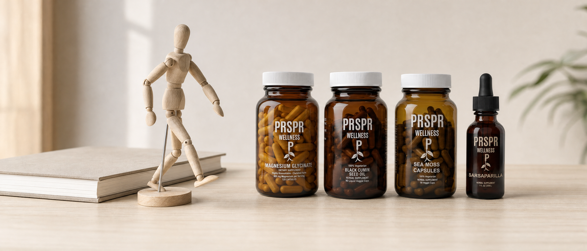 Four PRSPR Wellness bottles, Magnesium Glycinate, Black Cumin Seed Oil, Sea Moss Capsules and Sarsaparilla, on a pale wooden drafting table beside a wooden jointed artist mannequin with bent elbows and knees