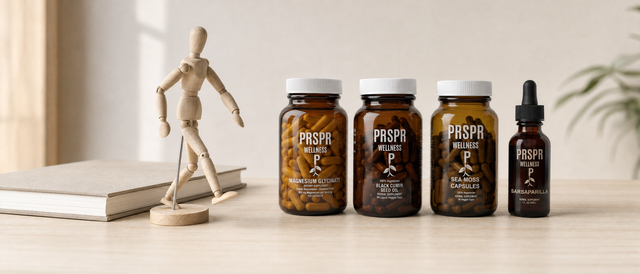 Four PRSPR Wellness bottles, Magnesium Glycinate, Black Cumin Seed Oil, Sea Moss Capsules and Sarsaparilla, on a pale wooden drafting table beside a wooden jointed artist mannequin with bent elbows and knees