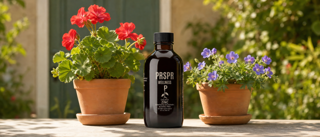 Elderberry w/ Zinc bottle on a garden table between a red zonal pelargonium and a purple-flowered hardy geranium