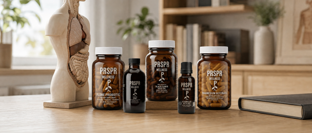 Five PRSPR Wellness supplement bottles on a study desk beside an anatomical torso teaching model and a closed book
