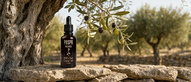 Kid's Ear Clear Oil dropper bottle on a dry stone wall in an olive grove, beside a gnarled olive tree trunk and a branch of green and dark olives