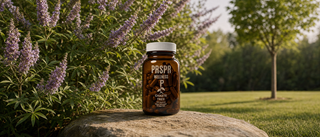 Chaste Tree capsule jar on a garden stone beside a flowering multi-stemmed chaste tree shrub, with a single-trunk tree on the lawn behind
