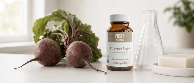 Enzyme Caps jar on a white bench beside two whole beets with leafy tops, a glass flask of water and a bar of white soap