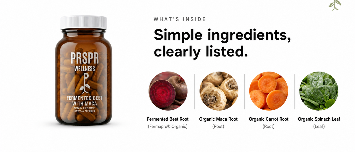 PRSPR Fermented Beet with Maca what's inside: fermented beet root, maca root, carrot root, spinach leaf