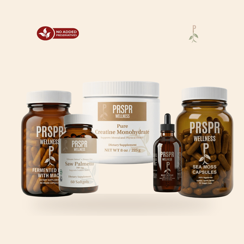 Men's Vitality Bundle with Fermented Beet Root & Maca, Saw Palmetto, Sea Moss Capsules, Root Revive Hair Growth Oil, and Pure Creatine Monohydrate