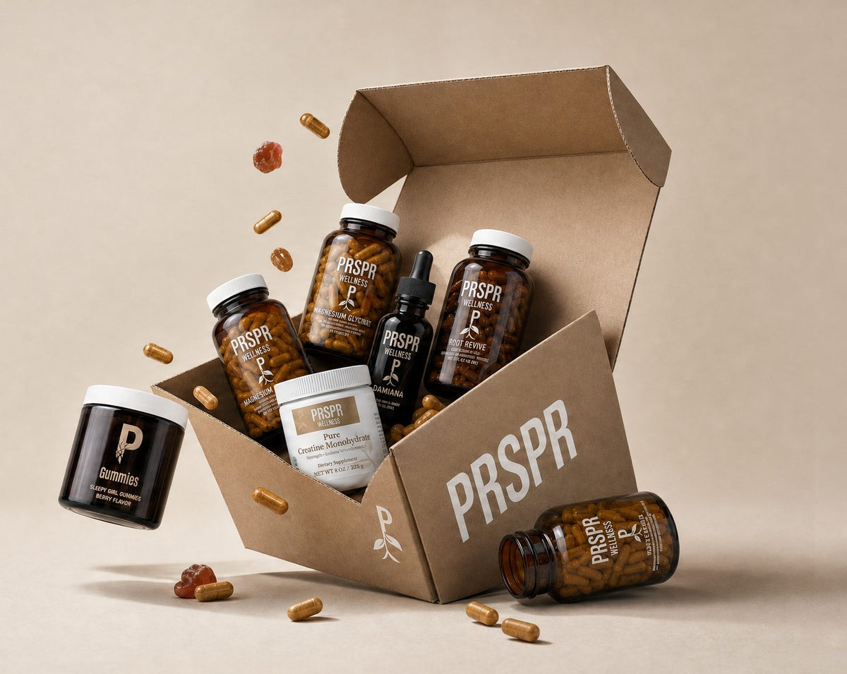 Open PRSPR box filled with PRSPR Wellness supplements, gummies and creatine