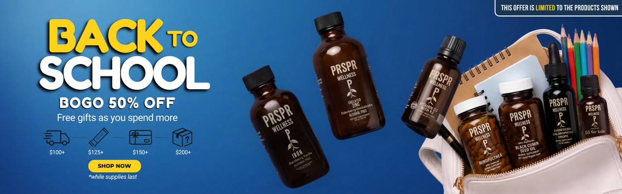 Back to School: Buy one, get one 50% off select PRSPR Wellness products, with free gifts at qualifying spend levels